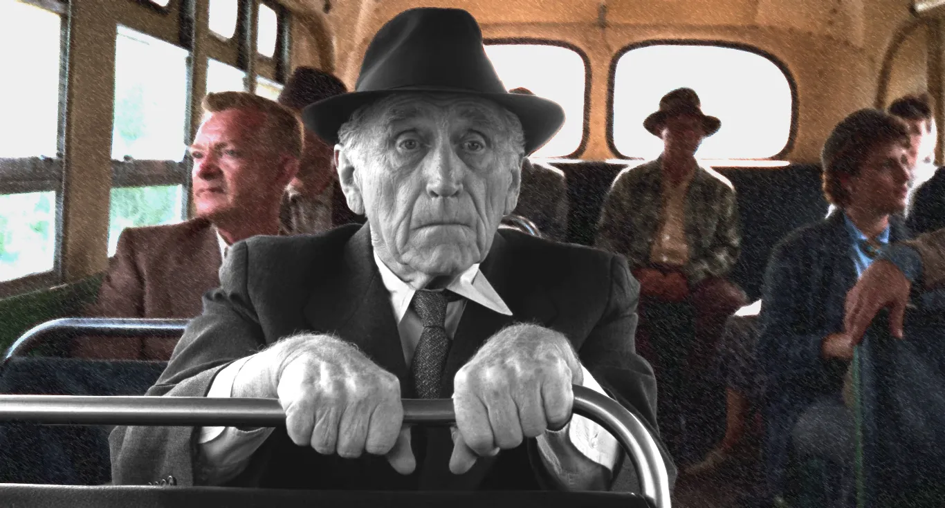 Brooks on the bus, clutching his seat