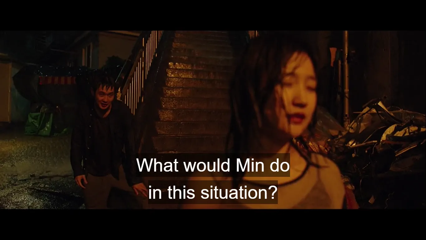 Brother asks the question to his sister in Parasite